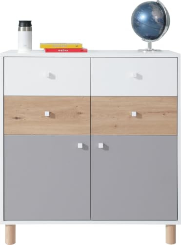 Masseno Kommode SANNIO 85 cm Sideboard mit Schubladen und Türen für Wohnzimmer Schlafzimmer Modern 85x40x90 cm Weiß/Weiß