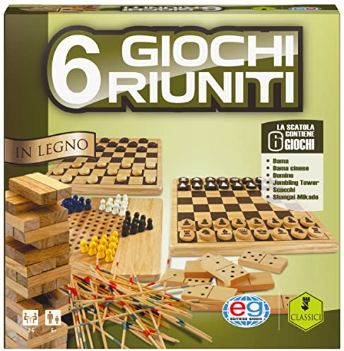 Editrice Giochi, Ensemble de 6 Jeux de société Classiques, de 6 à 99 Ans, Comprend 1 Planche en Bois, échecs, Dames, Dames Chinoises, Dominos, shangai et Tumbling Tour
