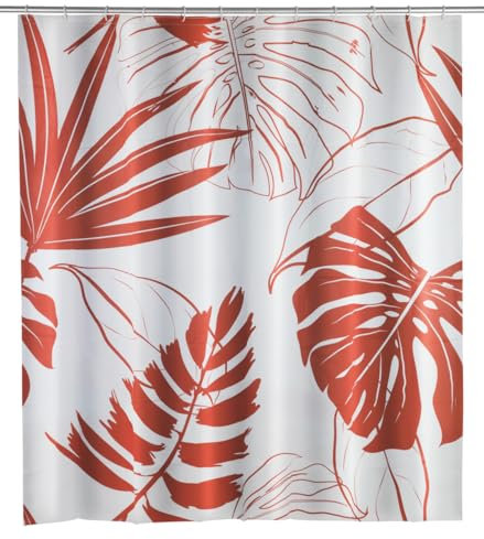 WENKO Rideau de douche Brasil corail - Imperméable à l'eau, entretien facile, avec 12 anneaux pour rideau de douche, Polyéthylène, 200 x 180 cm, Rouge corail