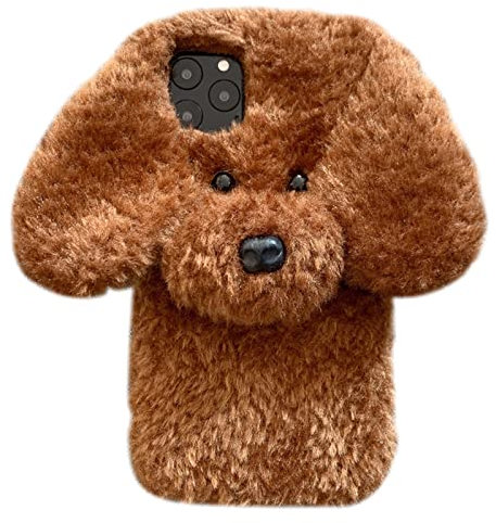 UnnFiko Super süße Teddyhund Flauschiges Fell Hülle Kompatibel mit iPhone 12 Pro, Fuzzy Furry Warm Plüsch Weich TPU Winter Case Schutzhüllen (Teddy Braun, iPhone 12 Pro)
