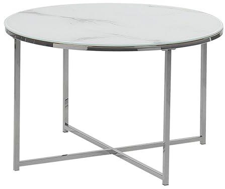 Beliani Runder Couchtisch Weiß Marmor Optik Edelstahl Silber glamouröser Stil Quincy