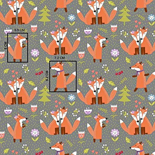 Pingianer 100x160cm Fuchs 100% Baumwolle Baumwollstoff Kinder Meterware Handwerken Nähen Stoff (Fuchs Blume Grau, 100x160cm (11,99€/m))