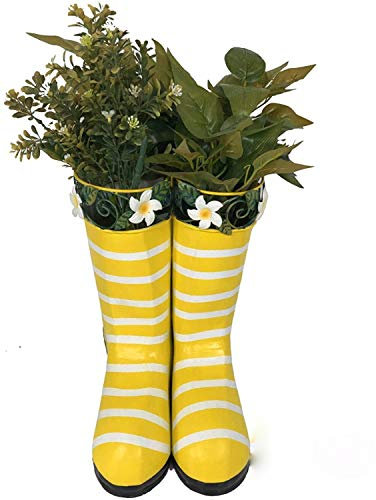 Hanging Pair of Wellies Metal Planter - Yellow with Stripes