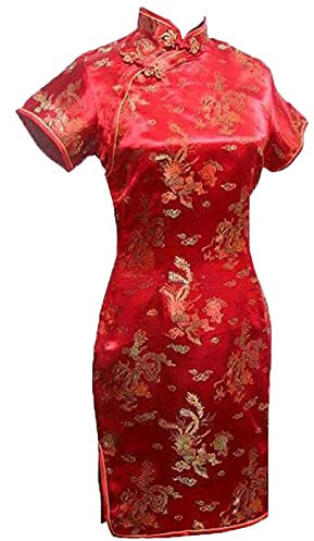 Robe courte chinoise courte Qipao élégante pour femme avec col mandarine Cheongsam - Rouge - 4X-Large