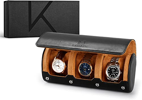 KENARK KW6M PLUS-BK Reiseuhrengehäuse für 3 Uhren - Kratzfeste Uhrenrolle - Luxus Uhrenbox - Uhren-Aufbewahrungstasche (Schwarz)