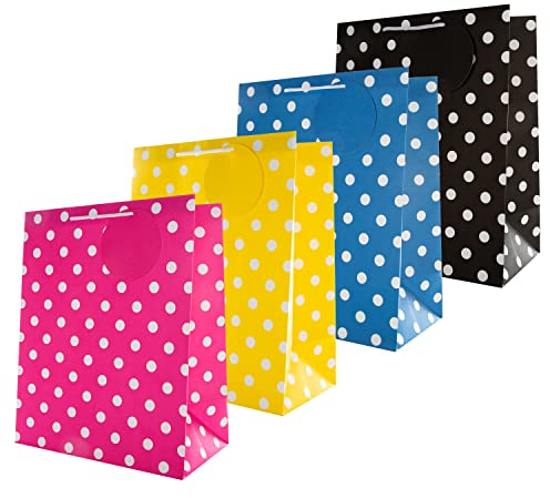 Hallmark Multi Occasion Gift Bags Bundle - 4 Large Size Bags in 1 Contemporary Design (1 Yellow, 1 Pink, 1 Blue and 1 Black)