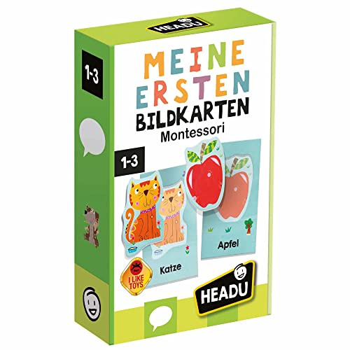 Headu Montessori Bildkarten Sprachförderung Kleinkind ab 1 Jahr Lernspiel | Erste Wörter einprägen & aussprechen, geformte Teile zum Einsetzen. Mit Pädagogen entwickelt, Made in Italy aus FSC-Karton