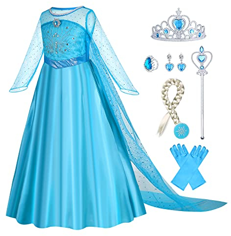 Gridamea Elsa Verkleiden Sie sich für Mädchen Eiskönigin-Kostüm Prinzessinnenkleid mit Krone/Zauberstab/Handschuhen/Zopf/Ohrringen/Ring für Kindergeburtstag, Party, Cosplay
