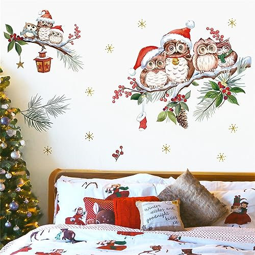 wondever Adesivi Murali Natale Finestra Gufo Adesivi da Parete Albero di Natale Pigne Decorazione Natalizia per Camerette Bambini Asilo Nido Finestra Festa