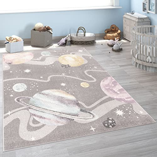 Paco Home Kinderteppich Teppich Kinderzimmer Junge Mädchen Modern Weltraum Planeten Sterne Weich Grau Mehrfarbig, Grösse:200x280 cm