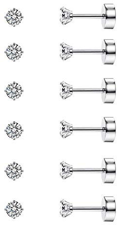 Diamday 6 paia di orecchini a cartilagine 20G per donne uomini ragazze 2-5mm Flat Back Earring Set 316L acciaio chirurgico Tragus CZ Small Helix Piercing Gioielli Ipoallergenici Argento(2MM)