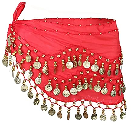 SamHeng Damen Bauchtanz Gürtel, Chiffon Hüfttuch Mit Münzen für Performance Kostüm, Yoga Kurs