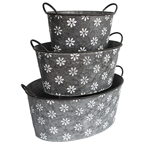 colourliving Pflanztopf Blumentopf 3er Set ovale Zinkwannen mit Blumenmuster und Handgriffen