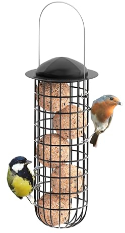 iBorn Meisenknödelhalter,Metall Meisenknödel Halter mit Dach,Vogelfutterspender zum Aufhängen,Futterstation aus Metall,Futterspender für Wildvögel,Schwarz