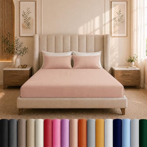 Moonlight Bedding Super King Fitted Sheet Peach - Premium 25cm Deep Pocket Fitted Bed Sheets – Soft Brushed Microfiber & Wrinkle Free Fitted Bottom Sheet Fad Resistant Bed Sheet (180 x 200 Cm)