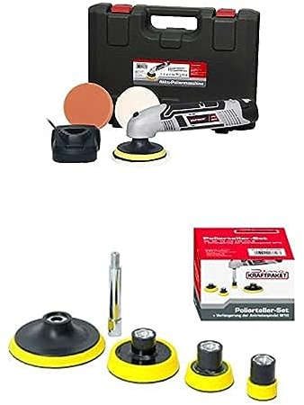Bundle aus Dino KRAFTPAKET Mini Akku Poliermaschine Set mit Koffer & Zubehör + Dino KRAFTPAKET Set M10 Stützteller 30mm 50mm 75mm 100mm mit 80mm-Verlängerung