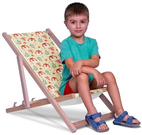 DreamRoots Kinder Liegestuhl Holz Gr. S, Tiger Pattern | Klappbarer Campingstuhl faltbar, für Garten & Strand, bis 130 kg, waschbarer Bezug, 100% Polyester, UV-beständig, Kinderliege