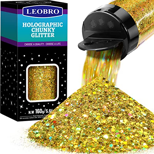 LEOBRO Holographic Chunky Glitter Gold - 160G/5.64OZ Craft Glitter for Resin, Festival, Cosmetic, Face, Crafts