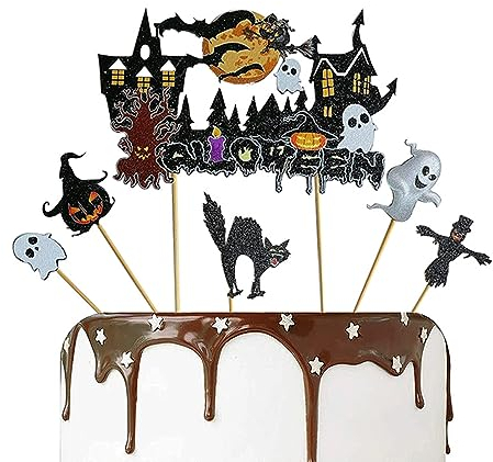 11 Stücke Cake Topper Halloween, Tortendeko Halloween, Kuchen Deko Halloween mit Fledermaus Kürbis Schloss Hexe Besen Mond Cupcake Toppers, Halloween Kuchen Topper Cake Topper