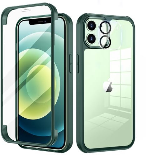 seacosmo for iPhone 12 Case 6.1 Inch, Full-Body Shockproof Case with Built-in Glass Screen Protector and Camera Lens Protector Rubber Bumper Case Cover for iPhone 12 - Green/Clear