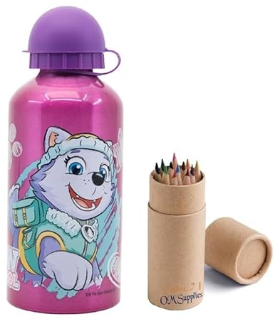 OM SUPPLIES Botella deportiva de aluminio con personajes de Patrol Girl de 400 ml, para vacaciones, regreso a clases, para niños, almuerzo, incluye medio tamaño, 12 unidades (niña patrulla)
