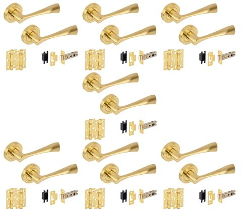 Hunta HANDLEZONE® 7 Sets Zena Internal Door Handles on Rose Lever Latch Packs with Ball Bearing Hinges - Brushed Brass