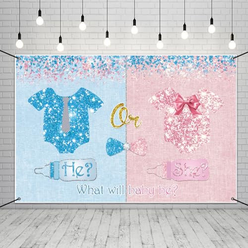 MIRRORANG 6x3.6ft Gender Reveal Banner What Will Baby Be Pink or Blue Boy or Girl Baby Shower Party Banner Backdrop Cake Table Decorations Banner