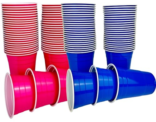 Vitavalley 50x rosa / 50x blau Party Plastikbecher - 100 robuste & wiederverwendbare Partybecher - ideal für Festivals, JGAs oder Gartenpartys