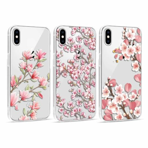 Foonary 3 pezzi Trasparente Cover per Apple iPhone XS Max 6,5, Custodia Aesthetic Fiori Floral Motive Design, Silicone Protezione Phone Case per iPhone XS Max, Fiore 02