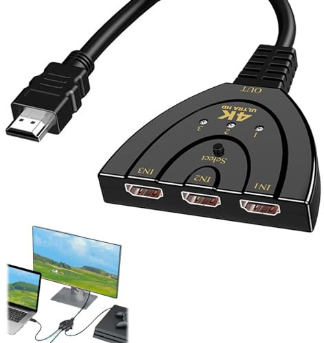 HDMI Switch Multiprise 3 Entrées 1 Sortie 4K@60Hz avec Câble Haute Vitesse, Sélecteur de Commutateur pour 3D/Bluray/Xbox/HDTV/PS4/Laptop/DVD