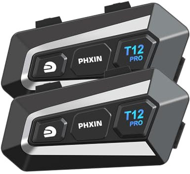 PHXIN T12PRO MESH Motorcycle Bluetooth Intercom, 32 Riders 1km Helmet Communication System, Support Audio Multitasking/Music Sharing/Voice Assistant/FM Radio/IP67 Waterproof (Dual Pack)