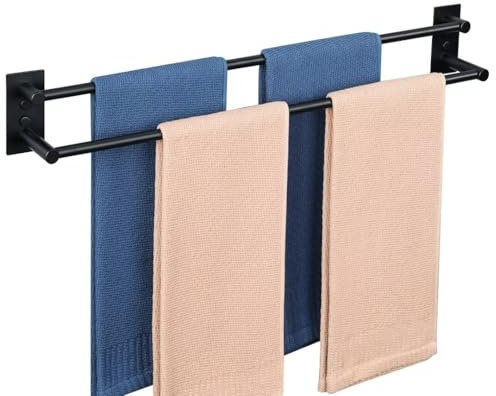 Mooche Black Towel Rail Wall Mounted, Self Adhesive Towel Holder 60CM, Anti-Rust Stainless Steel Double Rod Towel Rack Bar for Bathroom Kitchen Shower（Multiple installation methods）