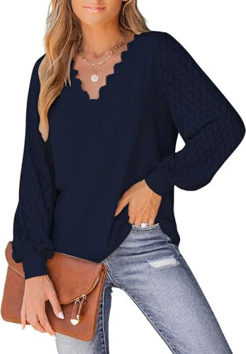 ELFIN Women's Lace V-Neck Long-Sleeve Shirt Elegant Blouses Tunic Top Casual Solid Color Eyelet T-Shirts Blue