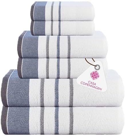 Casa Copenhagen White Bay-Handtuch aus 600 g/m² ägyptischer Baumwolle für Hotel, Spa, Küche und Bad, 6-teiliges Set mit 2 Bädern, 2 Händen, 2 Waschlappen – Weiß mit Blauem und Grauem Rand
