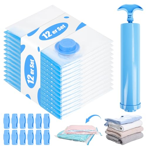 Vakuumbeutel für Kleidung 12 Stück, Vakuumbeutel Reise 60x40cm, Vacuum Bags for Clothing, Wiederverwendbar Aufbewahrungsbeutel mit Pumpe, Vakuumbeutel für Aufbewahrung Kleidung Bettdecken Bettzeug
