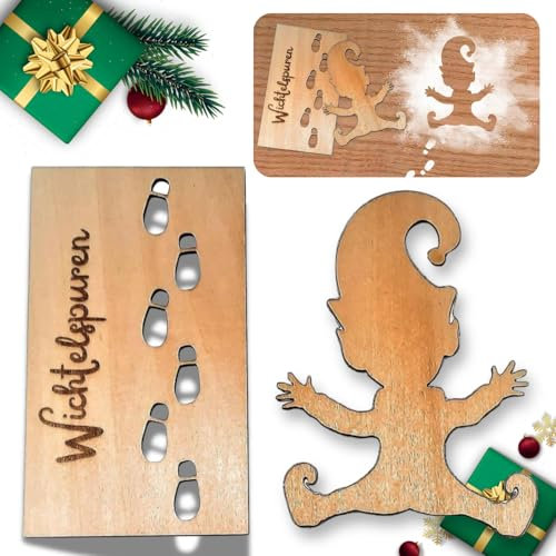 Wichtel Schablone mit Fußabdrücken – Weihnachtsdeko aus Holz für Fenster, Boden & Zubehör – Weihnachtswichtel Spuren für DIY Deko