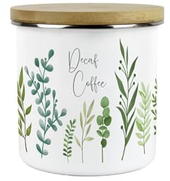 Purely Home Green Leaves Decaf Coffee Storage Canister - Vibrant Foliage Kitchen Decor Gift - Metal/Enamel Hot Drinks Storage Container