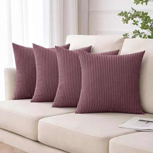 Moonlight Bedding Corduroy Cushions with Covers included Pink Pack of 4 (4 covers, 4 inserts) 45 x 45 cm Decorative Stripe Throw Pillow Cases with Invisible Zipper for Living Room Bed Sofa