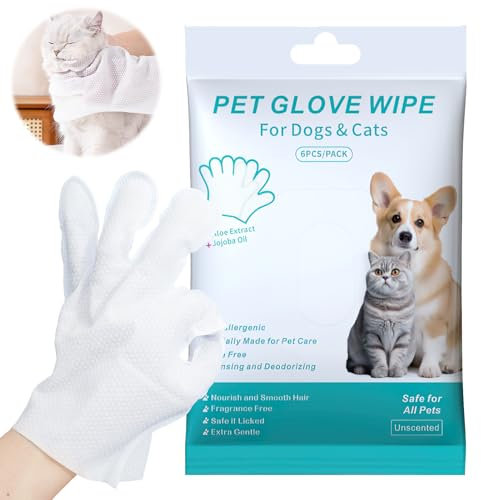 THKO 6PCS Pet Glove Wipes, White Pet Cleaning Gloves for Dog and Cat, Wash Free Gloves Dog Face Wipes, Cat Grooming Glove for Daily Care No Rinse, Gentle