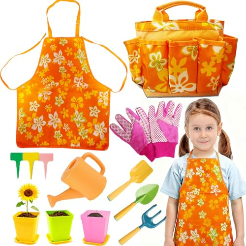 Hummigoo Kids Gardening Set for Girls Boys Ages 3-7,13PCS Garden Tool Kit with Apron,Tote Bag,Outdoor STEM Learning Toy,Garden Gifts for Kids