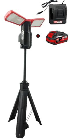 KS TOOLS - 150.4470F-A1 - Projecteur portable sur trépied - Projecteur de chantier 10 000 lumens - éclairage sans fil AC/DC - lampe LED - batterie 4A et chargeur simple inclus