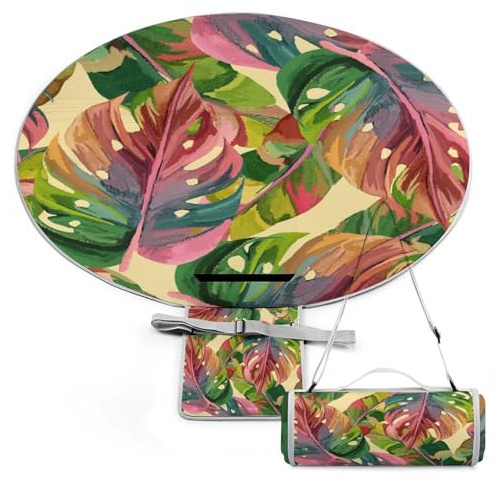 Couverture de pique-nique ronde d'été à feuilles vertes et roses Monstera avec sangle de transport, pliable, portable, imperméable, 3 couches, pour camping en plein air, tapis de plage d'été de 152 cm