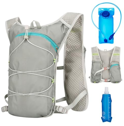 Laufweste mit Trinkblase 2L und Trinkflasche 500ml, Verstellbar Laufende Hydratationsweste Damen und Herren, Ultraleicht Reflektierender Trinkrucksack Hydration Pack für Joggen Laufen Marathons (Grau)