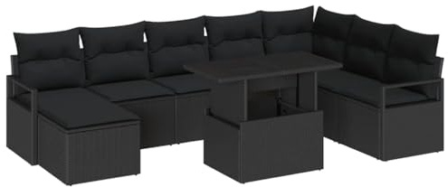 vidaXL 9-teiliges Garten-Ecksofa-Set mit Kissen - Schwarz, Poly Rattan, modulares Outdoor-Sitzmöbel für Terrasse und Balkon. Wetterfest, bequem, stylisches Design für Patio und Lounge.