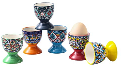 HENXFEN LEAD Boho Ceramic Egg Cups Set of 6, Holders for Boiled Eggs