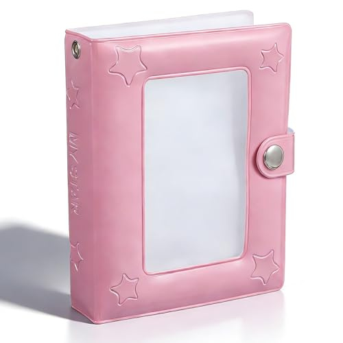 Mini Fotoalbum 40 Taschen Hohl Kleine Fotokarten Album Photocard Binder Stern PU-Leder-Einband Cartoon Sammelalbum Fotokartenhalter, Reisefreundliche Aufbewahrung(Rosa)