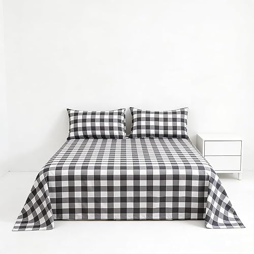 3er Set Bettlaken - Bettlaken mit 2 Kissenbezügen - Betttuch - Farbige Streifenblatt - Gemusterte Blatt- Haustuch Laken 100% Polyester ohne Gummizug Gemusterte Blatt (Grau-Weiß Karo, 229×259CM)
