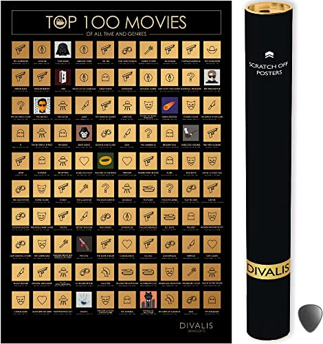Divalis Top 100 Filme Rubbelposter – Bucket List der Besten Filme aller Zeiten – Einfach zu Rahmende Rubbel-Checkliste für Kinofilme – Must-See Movie Challenge Poster mit Rubbelteil