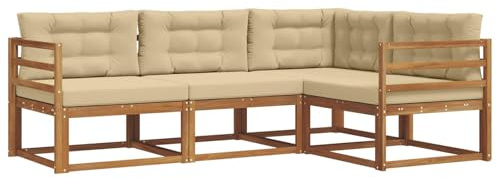vidaXL Outdoor-Sofagarnitur mit Kissen 4 pcs Natur und Beige, Garten Modular Outdoor Sofa, Langlebiges Sektionales Set, Bequeme Patio-Sitzgelegenheiten, Moderner Akazienholz-Lounge