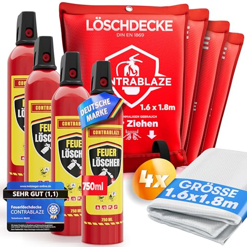 Feuerlöschspray 4X 750ml + Feuerlöschdecke 4X 1,6x1,8m Set – Brandschutz Set für Haushalt, Küche & Auto – Mini Feuerlöscher Spray + Löschdecke EN1869 – für Fettbrand, Elektrobrand & Notfälle